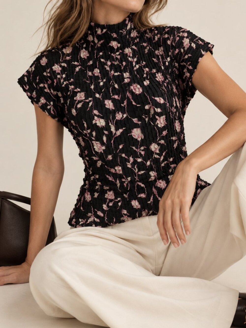 Y2K Black Floral Crinkle Shirt Mock Neck Sz M